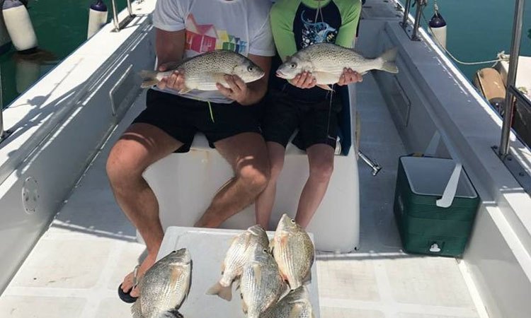 Guests holding their catch of reef fish aboard a Captain Sam charter