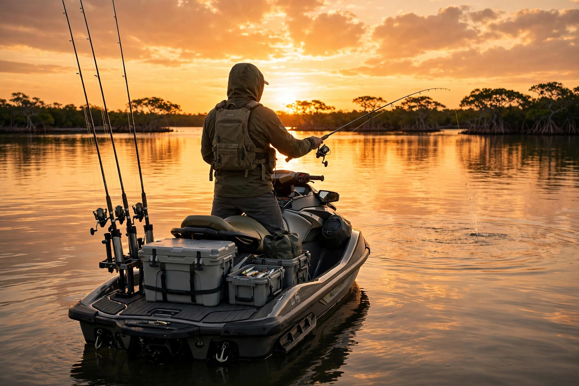Angler casting from a fishing jet ski at sunset near the mangroves