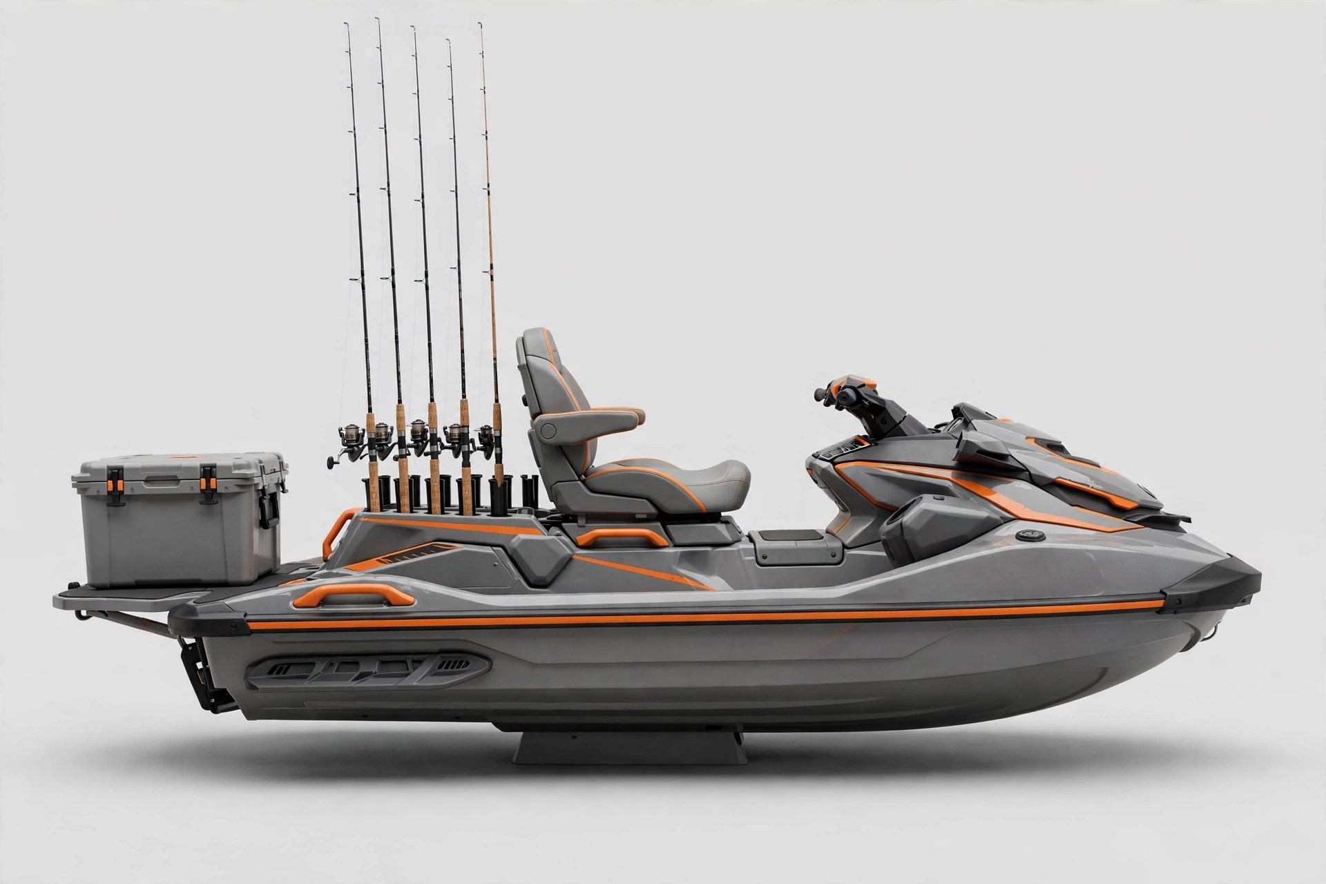 Fishing jet ski side profile with rod holders, rods and tackle cooler
